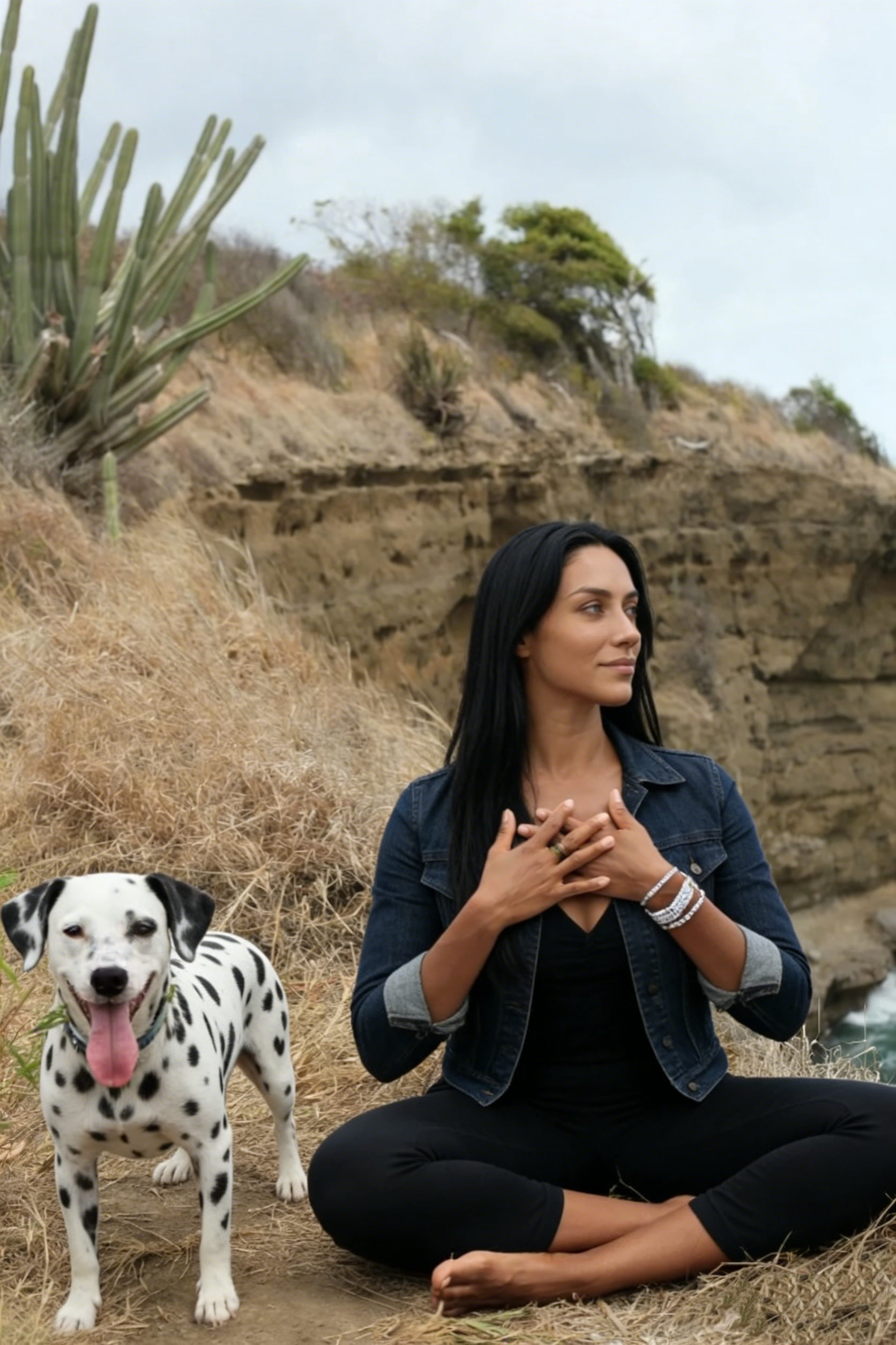 Elena Vance practicing breathwork on the coast
